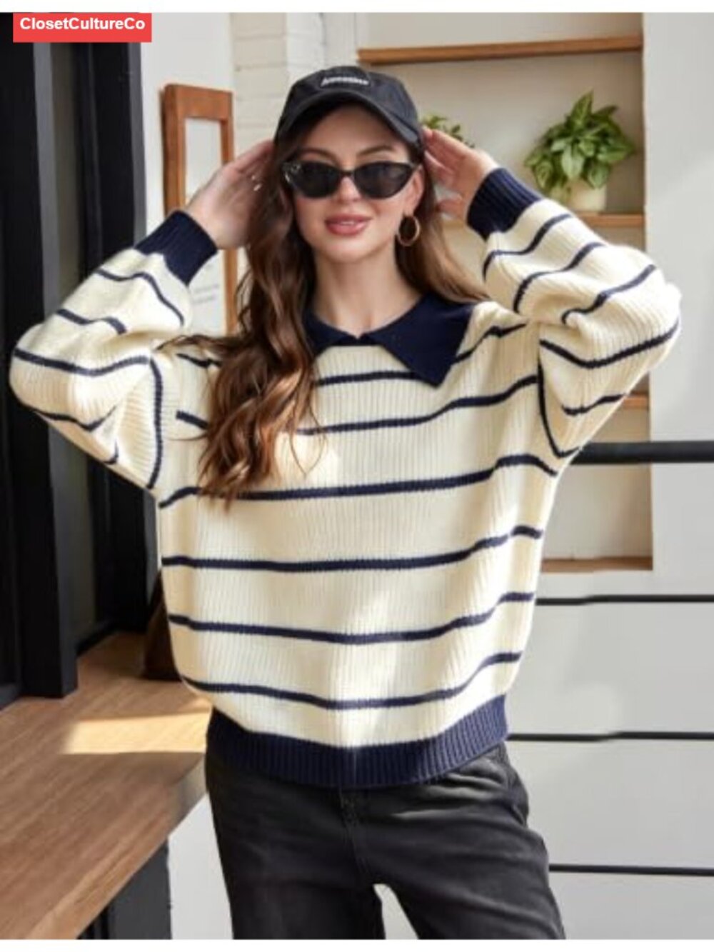 Oversized Striped Polo Collar Chunky Knit Pullover Sweater Preppy - Picture 2 of 6